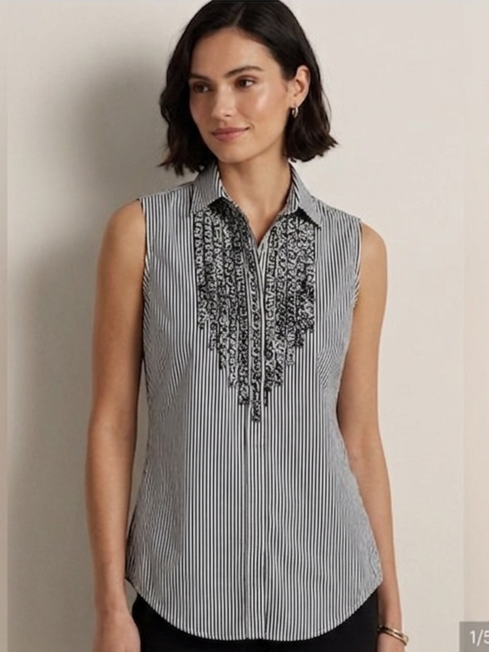 Ralph Lauren Black and White Striped Sleeveless Blouse with Front Embroidery